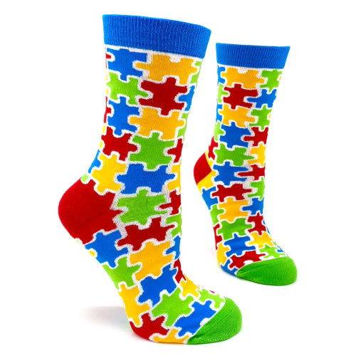 Novelty: Colorful Autism Awareness Puzzle Pieces - Crew Socks - The Vault