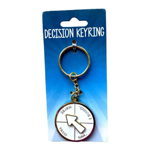 Decision keyring with a blue backing card