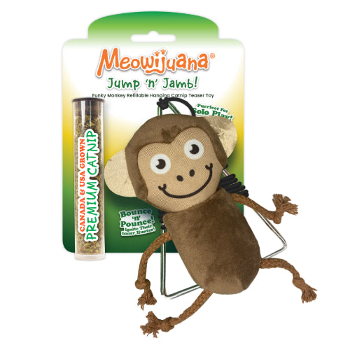 Jump 'n' Jamb! Get The Monkey Off Your Back: Refillable Catnip Swinging Toy - Meowijuana