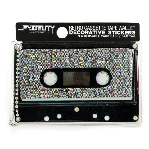 Retro Cassette Tape Deco Sticker Tag: Glam Rainbow Silver Glitter - Fydelity