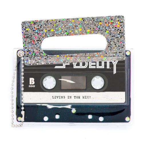 Retro Cassette Tape Deco Sticker Tag: Glam Rainbow Silver Glitter - Fydelity