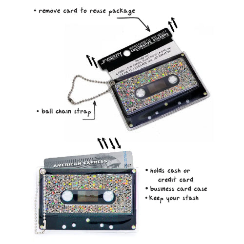 Retro Cassette Tape Deco Sticker Tag: Glam Rainbow Silver Glitter - Fydelity