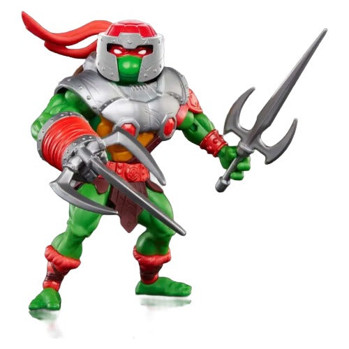 Toy figure with green skin, red accents, and a weapon on a white background
