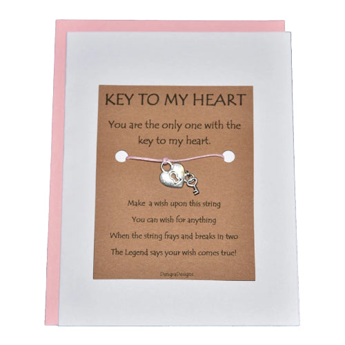 Card with 'Key to My Heart' charm and message on a white background